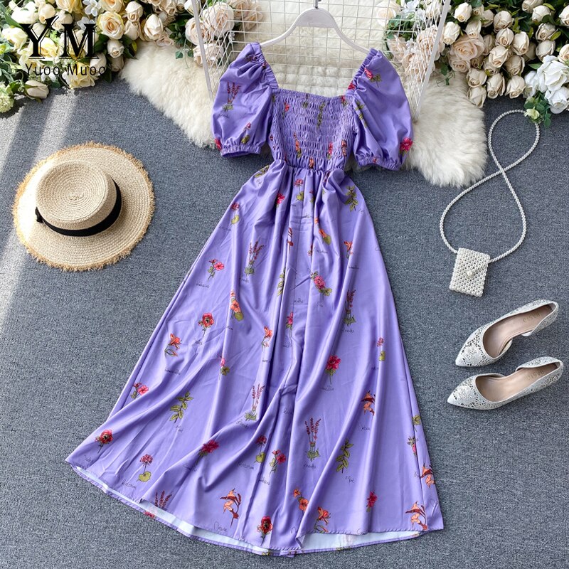 Yuoomuoo kvinner sommer ins lang kjole kvinnelig stil blomsterprint maxi kjole dame a-linje festkjole vestidos