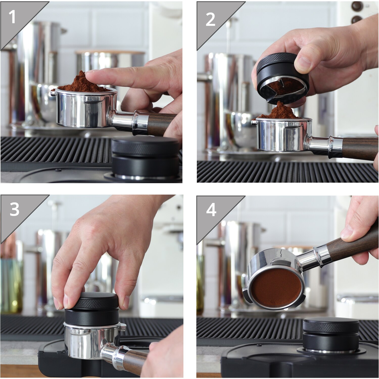 Kaffefordeler, espresso-distribusjonsverktøy/niveller , 3 vinklede skråninger justerbar håndflate-tukle passer til 51/53/58mm portafilter