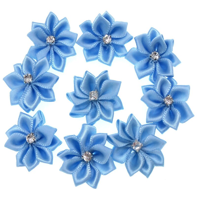 40 Stks Blauw Kleine Satijnen Bloemen Stof Strass Bloemen Applicaties Naaien Decoratie Bruiloft Kledingstuk 2.8 cm