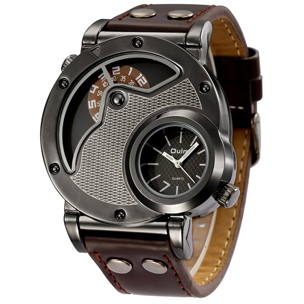 Oulm Luxe Lederen Quartz Mannen Horloge Relogio Masculino Sport Big Wijzerplaat Mannen Horloge Multiple Time Zone Mannelijke Klok