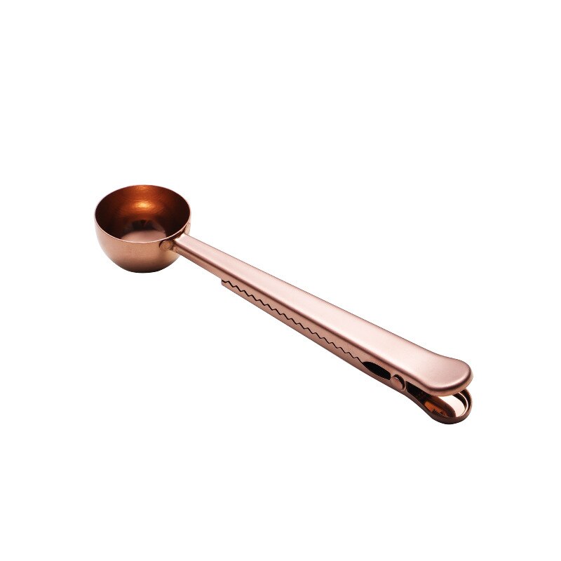 1pc roestvrijstalen multifunctionele voedsellepels, melk, thee, gemalen koffie, schepjes met zakjesklem, afsluitpoeder, drinkgerei, gereedschap: Roségoud