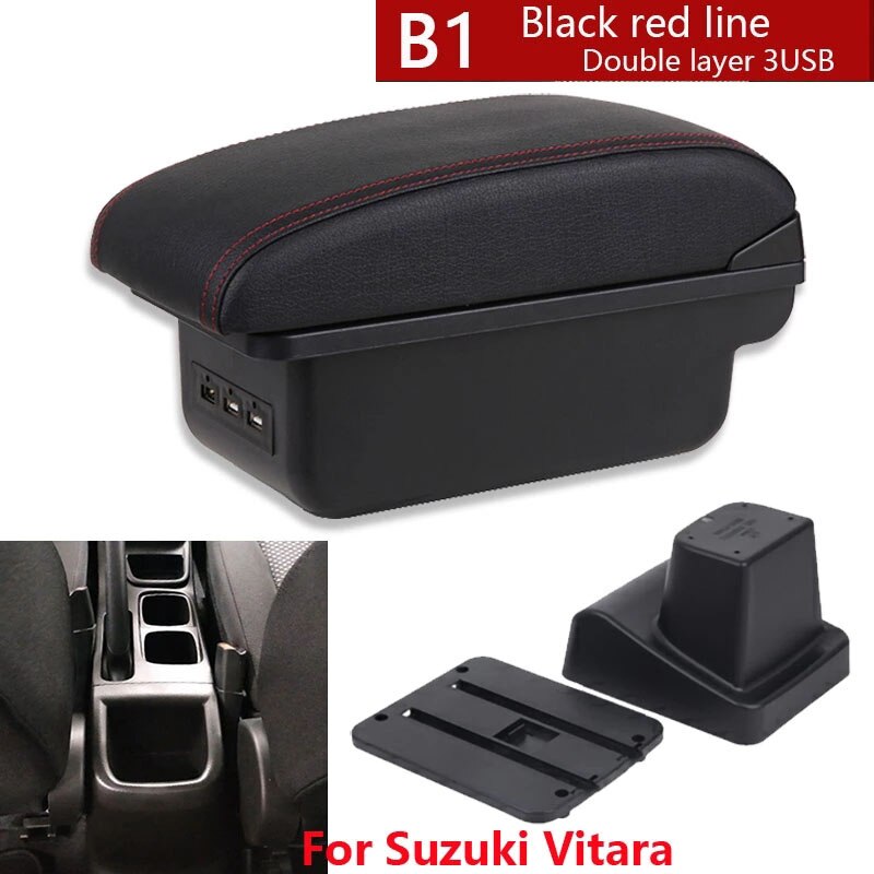 Dla Suzuki Vitara podłokietnik części robić modernizacji dedykowany podłokietnik samochdoowy centrum pudełko robić przechowywania samochód akcesoria wnętrze USB łatwy w instalacji: B1 czarny czerwony 3USB