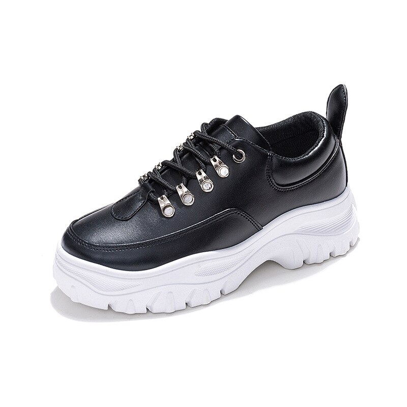 Fujin sneakers dames herfst lente dikke zool ademend vrijetijdsschoenen ronde neus vetersluiting damesschoenen: Zwart / 7
