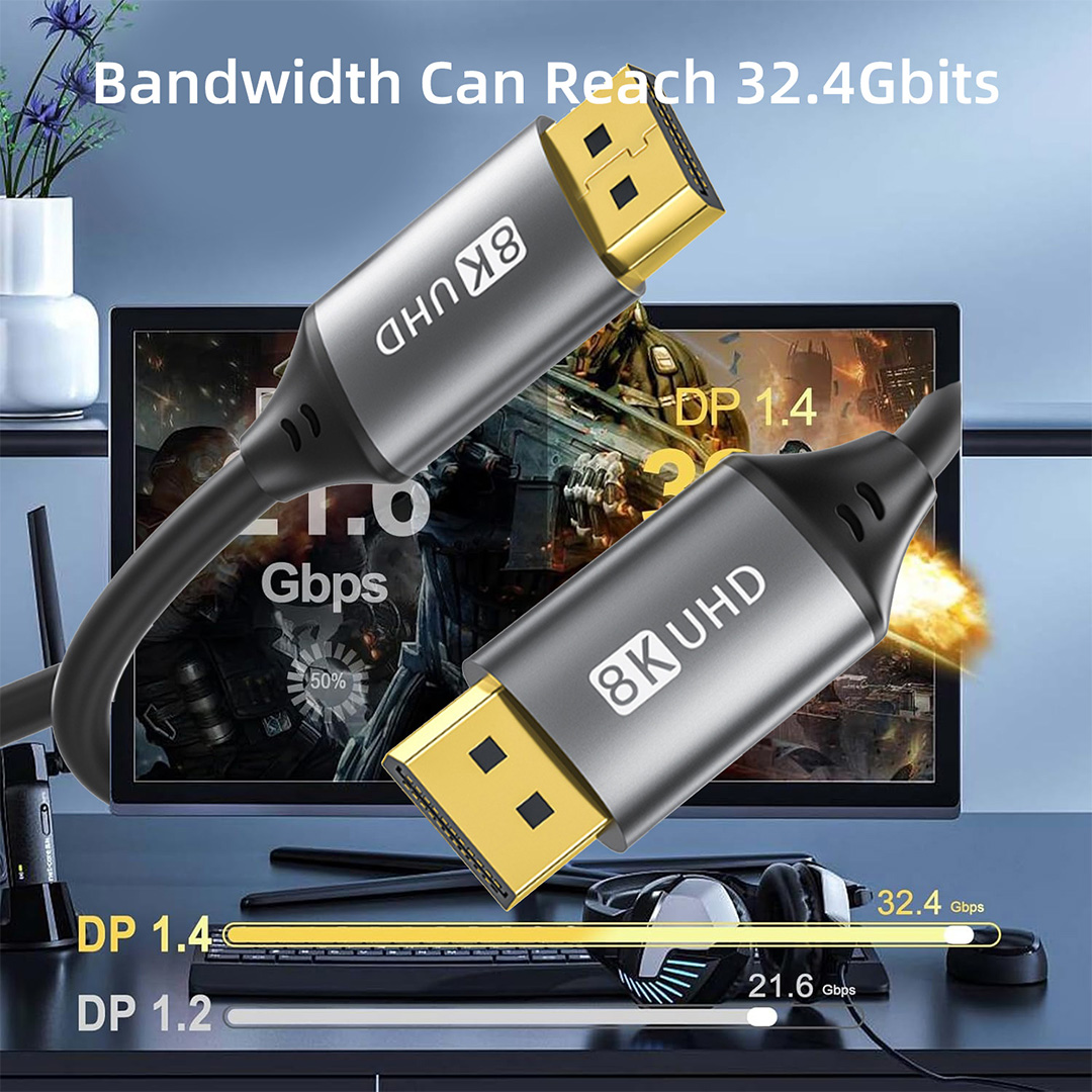 Displayport dp-kabel 8k @ 60hz 1.4 4k @ 144hz 2k @ 165hz 32.4 gbps , 1m/2m/3m/5m hd-kabelen er egnet til rutere til video- og lydprojektorer.