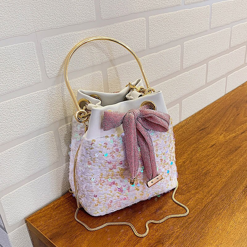 Pailletten strik emmer tas kleine tassen met metalen handvat dames handtas ketting schoudertas telefoon portemonnees
