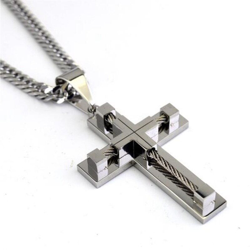 Punk Male Cross Jesus Pendant Stainless Steel Cable Wire Jesus Rope Cross Pendant Necklace Jewelry for Men