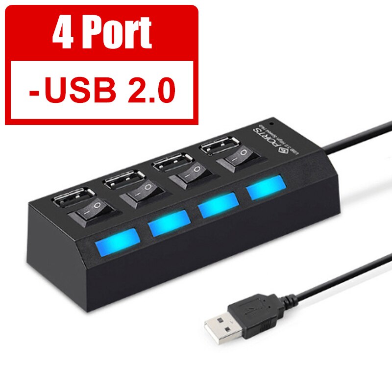 YTOM HUB USB 3,0 de 2,0 HUB Splitter USB Multi 4/7 expansor de Puerto múltiples USB 3 Hab uso adaptador de alimentación de USB3.0 con interruptor para PC: 4 port 2.0