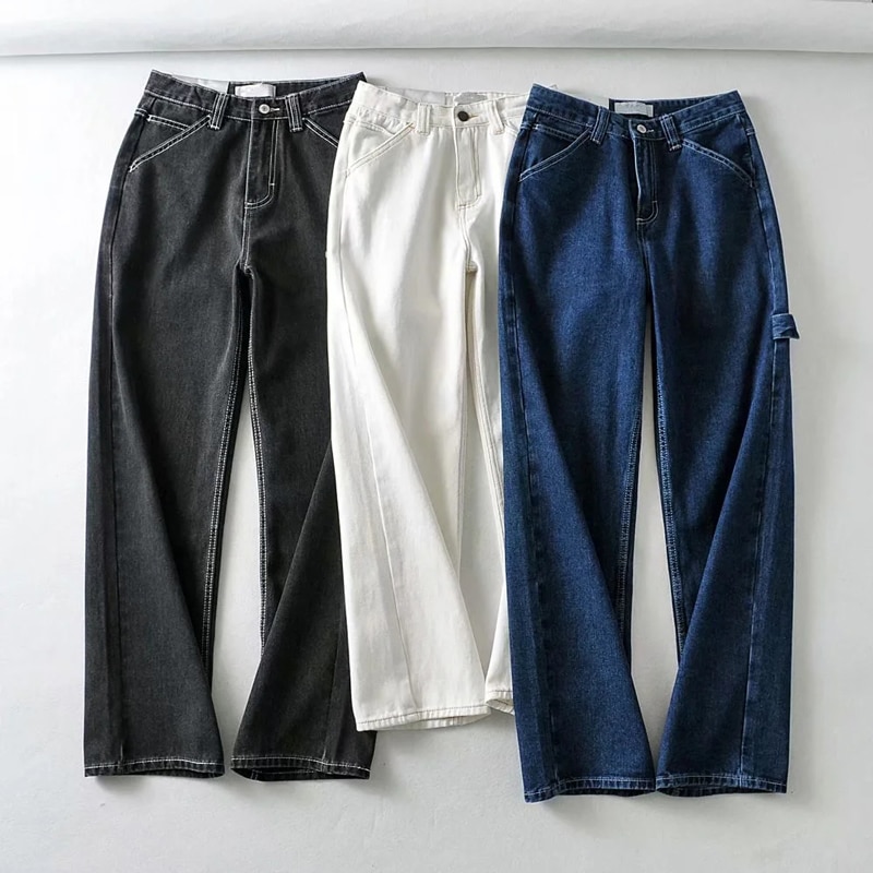 Women High-rise Faded Black Denim Jeans With White Stitching Straight Leg Denim Pants