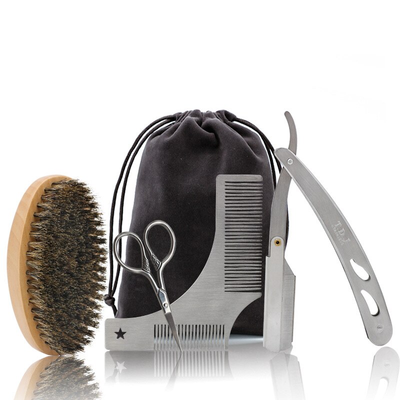 Beard Grooming Kit 5pcs Trimming Shaving brush Comb Beard Set Mustache Scissors Straight Razor Shaping Shave Brush Tools: HT001C
