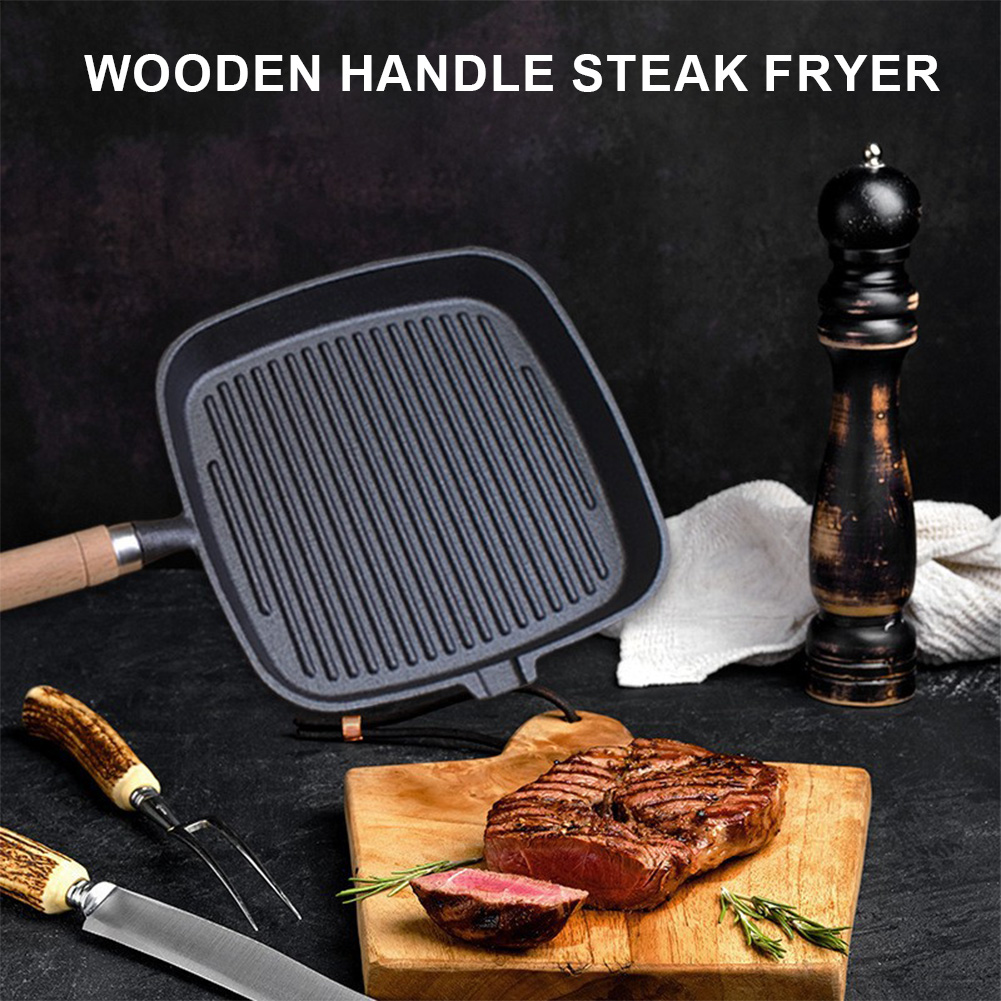 Gusseisen Pfanne Steak Pfanne mit Holzgriff unbeschichtete Antihaft-Bratpfanne Steak Braten Topf Steak Pfanne für Camping