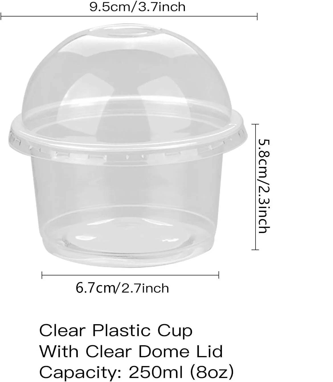 Engangssalatkopper 250ML - Gennemsigtig Plast Dessertkopper Skåle Beholder med Dome/Flad Låg