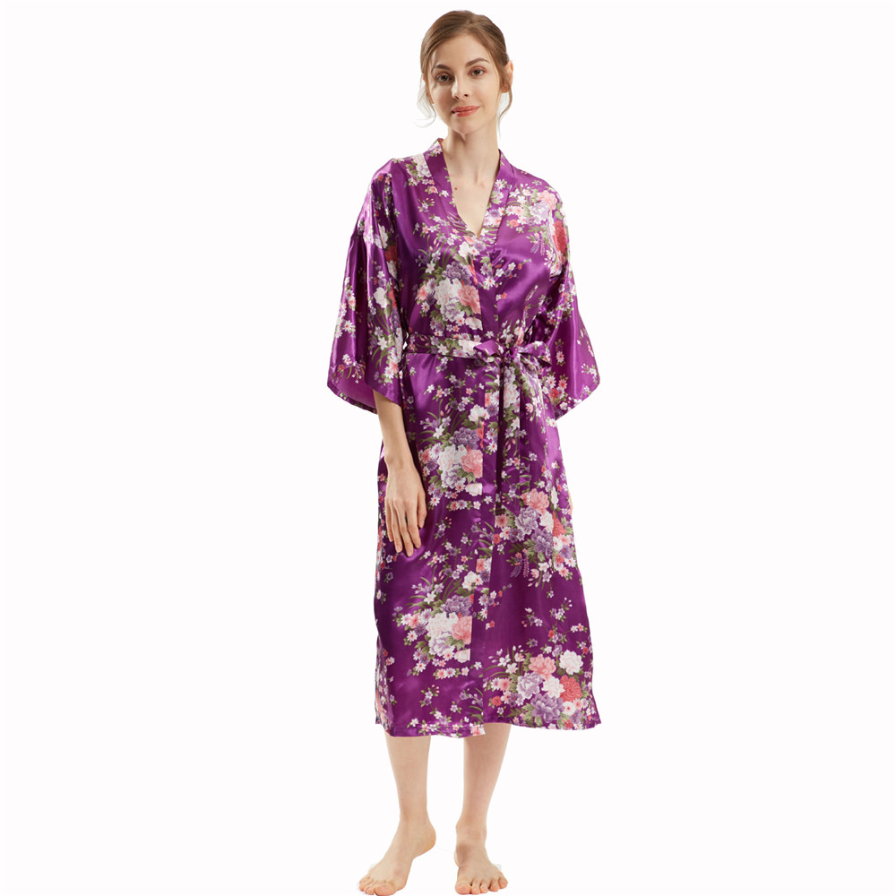 Kimono Badjas Jurk Met Halve Mouw Dames Lang Gewaad Print Bloemen Satijn Nachtkleding Thuis Jurk Losse Loungewear: Blauw