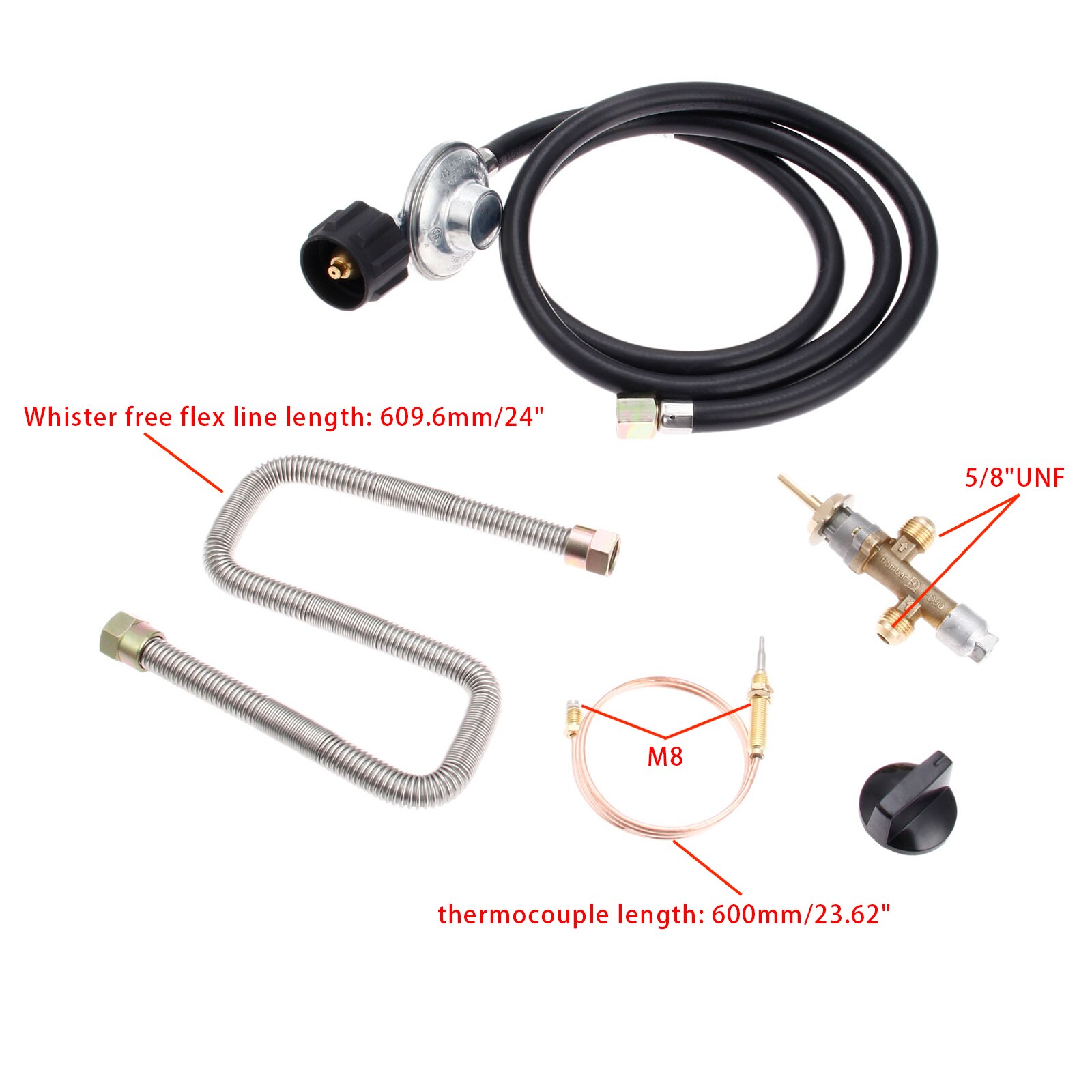 Propane Fire Pit Gas Control Valve System Regulator Kit With Hose 600mm Universal M8 Thermocouple 24inch Whister Free Flex Line