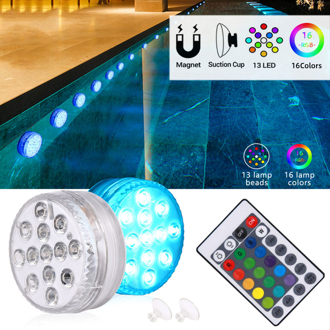 10 LED/13 LED RGB Submersible Light Underwater LED Night Light Swimming Pool Light for Outdoor Vase Fish Tank Pond Disco Wedding