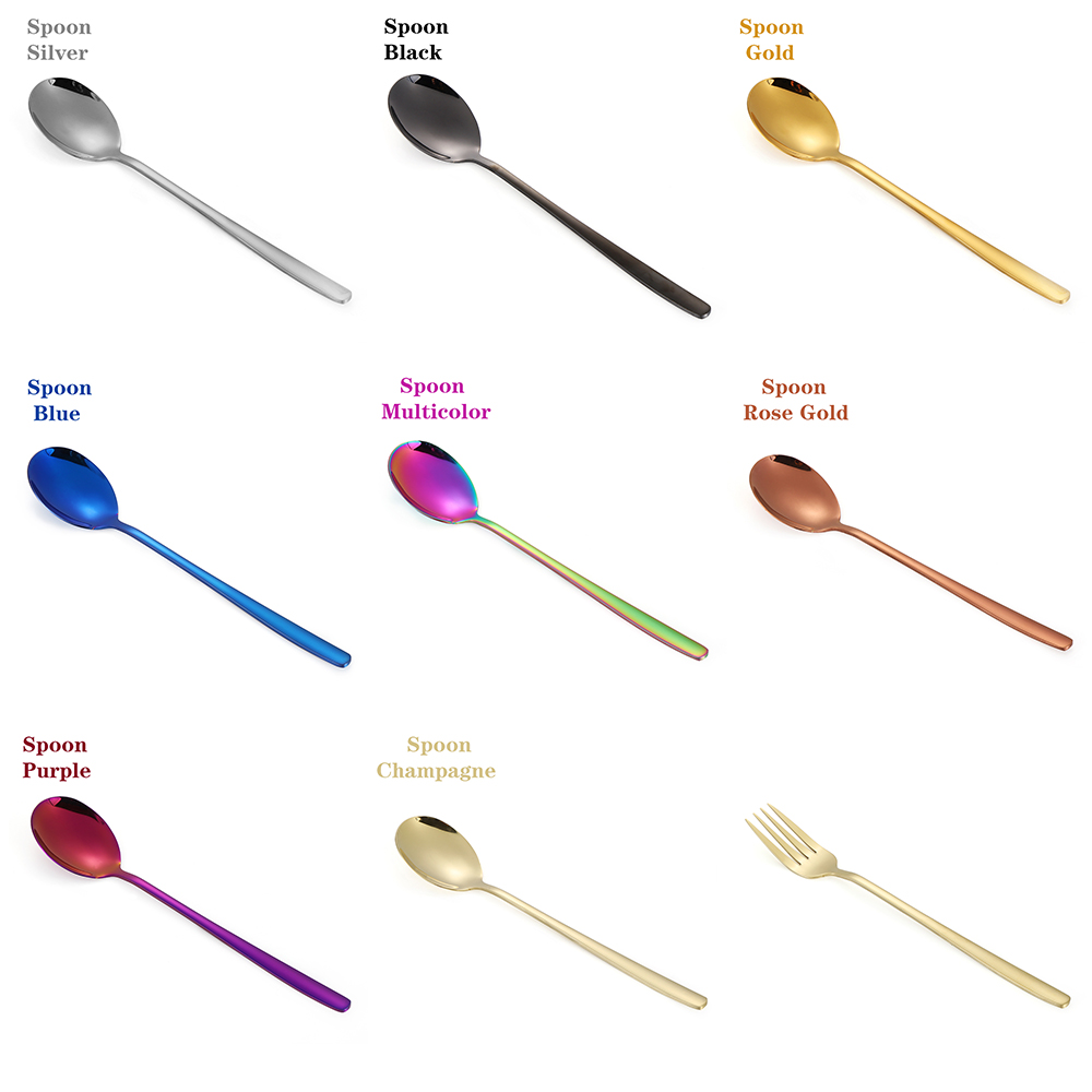 Cuillères et fourchettes à Long manche | Couleur arc-en-ciel en acier inoxydable, cuillère à soupe cuillère glaces thé cuillère à café vaisselle de table, couverts de maison