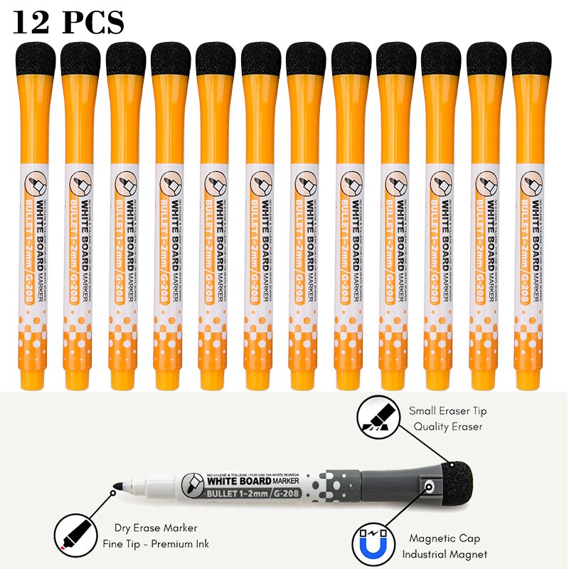 12 Pcs/lot Magnetic Dry Erase Whiteboard Markers Water 8 Colour Pen Black and White Office Supplies for Glass Ceramic Tile: 12Pcs-Orange