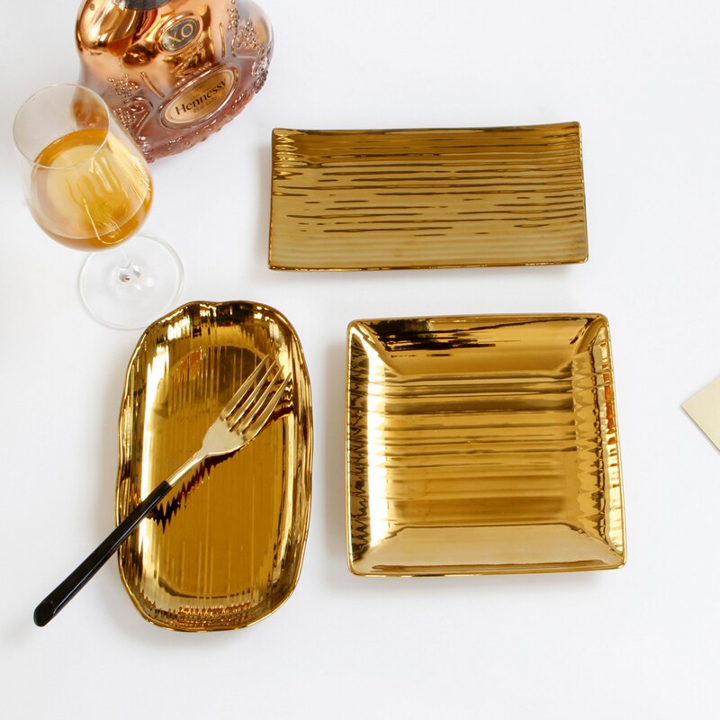 EuropeanGolden ceramic plate Pizza Dessert Steak Dinner Set Porcelain Tableware Decorative pastry Fruit Salad Food Tray