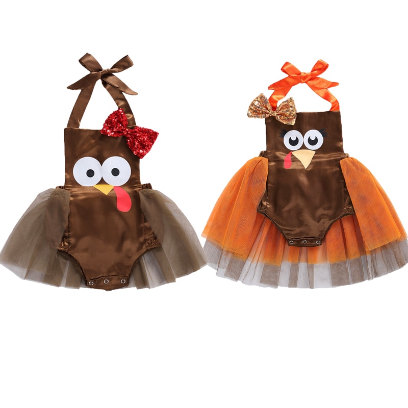 0-18M das Erntedankfest Schild Baby Mädchen Jungen Strampler Kleid Türkei Druck ärmellos Gürtel Pailletten Spitze Ballettröckchen Overall