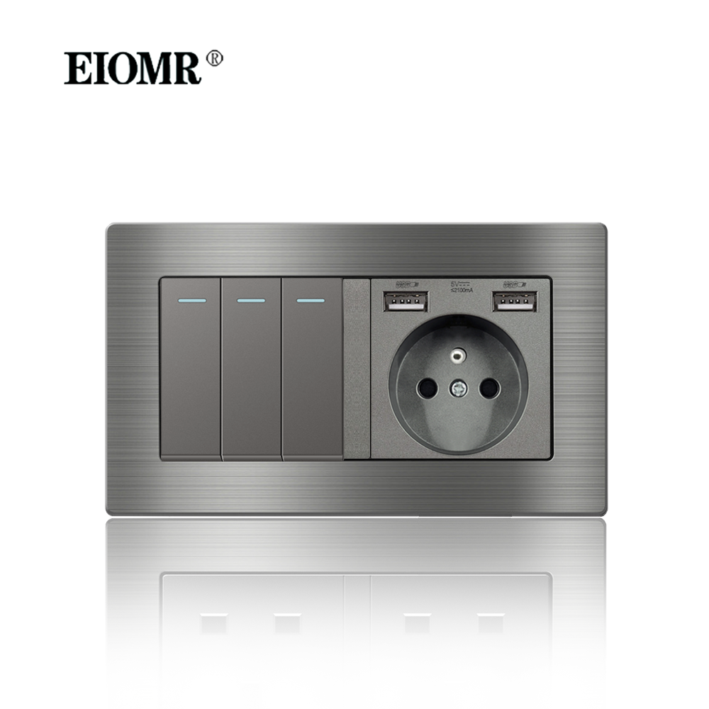 EIOMR France Standard Prise Électrique Gris En Alliage D'aluminium Panneau Interrupteur Rj45 Tv 220V 16A Prises Murales pour Appareil Ménager: Type2