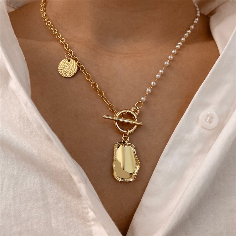 Punk Gold Multilayered Chain Baroque Pearl Necklace For Women Coin Crystal Pendant Necklace Trend Jewelry: CS53327