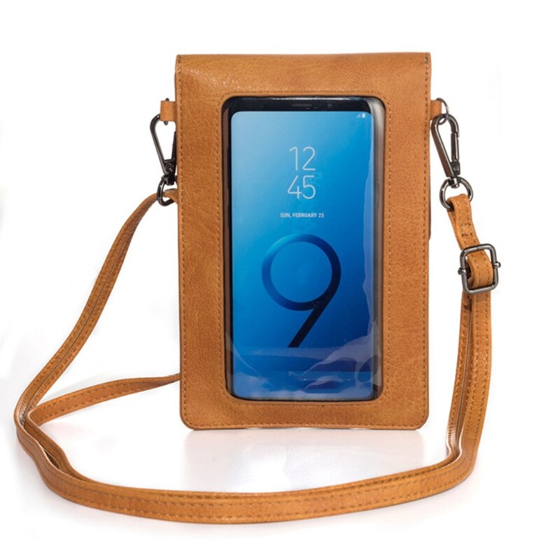 Touch Screen Leather Phone Purse with Clear Window Pocket Shoulder Strap Small Crossbody Bag Women Girls Wallet Pouch