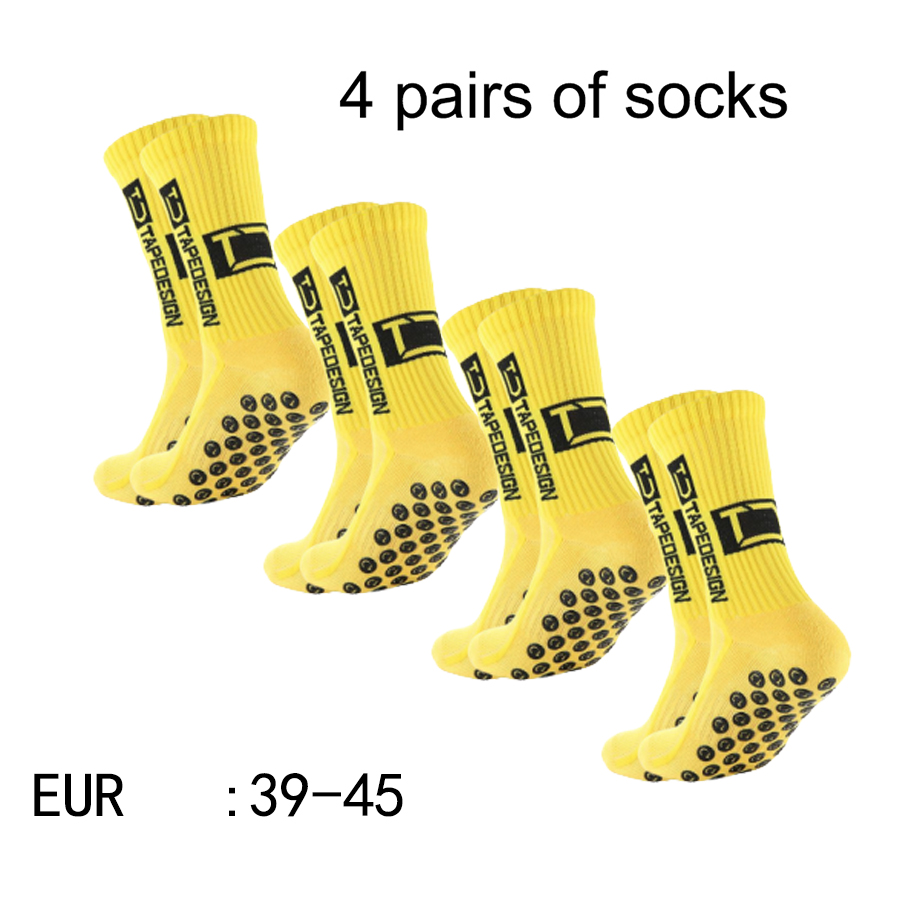 4 pares de nuevos calcetines de fútbol pegados de tubo medio TC para entrenamiento deportivo y competición, calcetines antideslizantes y transpirables: YELLOW