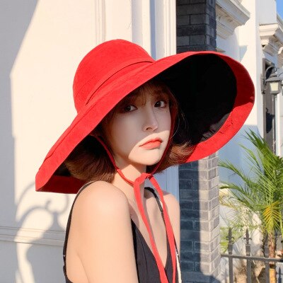 Zomer dames dubbelzijdige brede zonnehoed met grote rand voor buiten op het strand, visserspet, uv-bestendige zonnehoed, emmerhoed: Rood