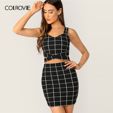 COLROVIE Black Criss Cross Taille Grid Tank Top Met Rok 2 Delige Set Vrouwen Zomer Sexy Mouwloze Vrouwelijke Twee stuk Outfits