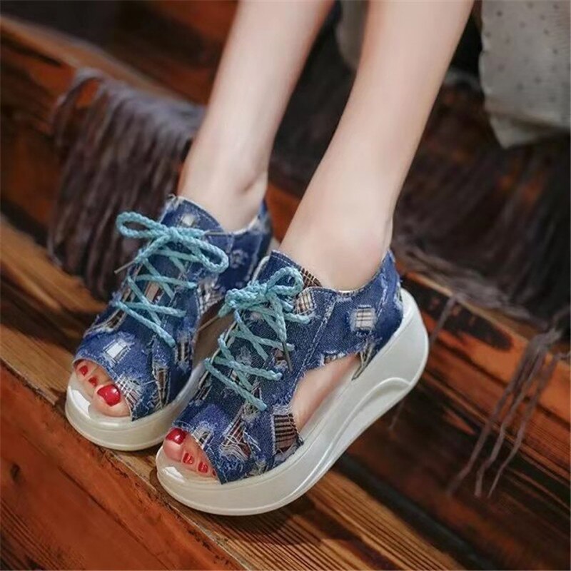 Strand sandaler kvinder denim hul platform sandaler flade afslappede studerende lærred sandaler til damer sandalier a -78