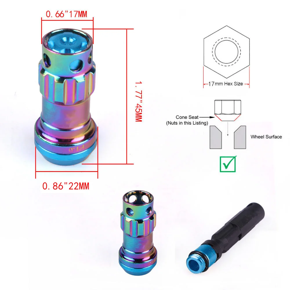 Coole R40 44-mm-Radmuttern M12x1,5/1,25 Rennradmuttern 20 Stück verriegelnde Rennradmuttern + 2 Sätze Sicherheitsschlüssel