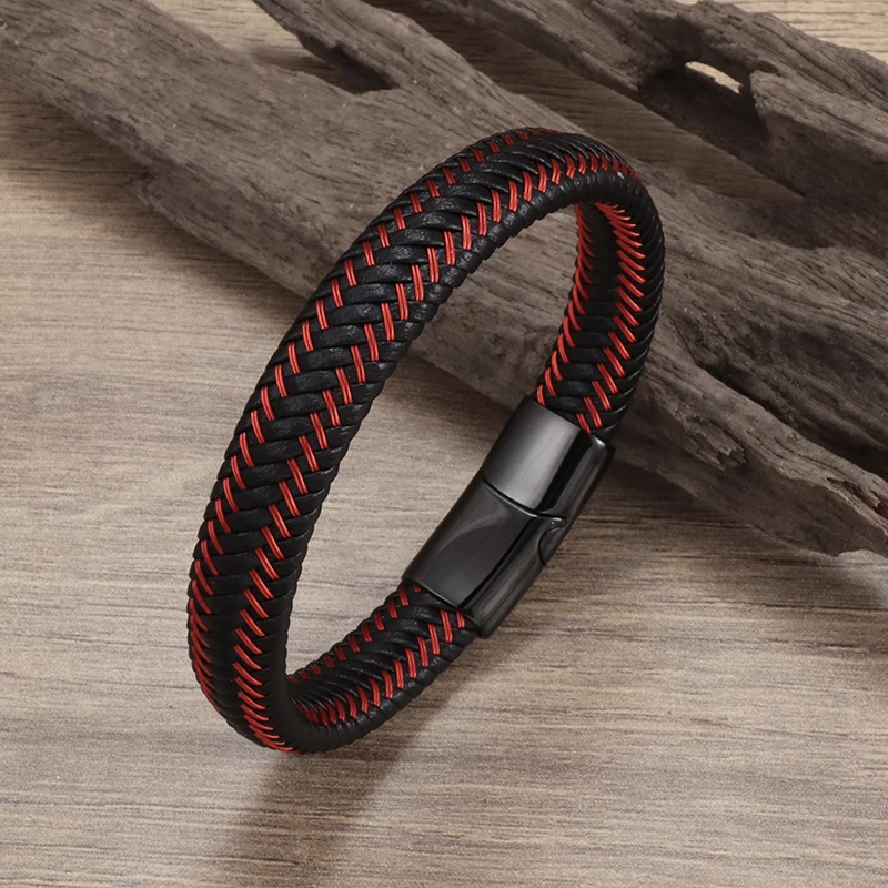 Fashionable and Simple Red Braided Leather Rope Bracelet Black Magnetic Buckle Bracelet for Men: Pink