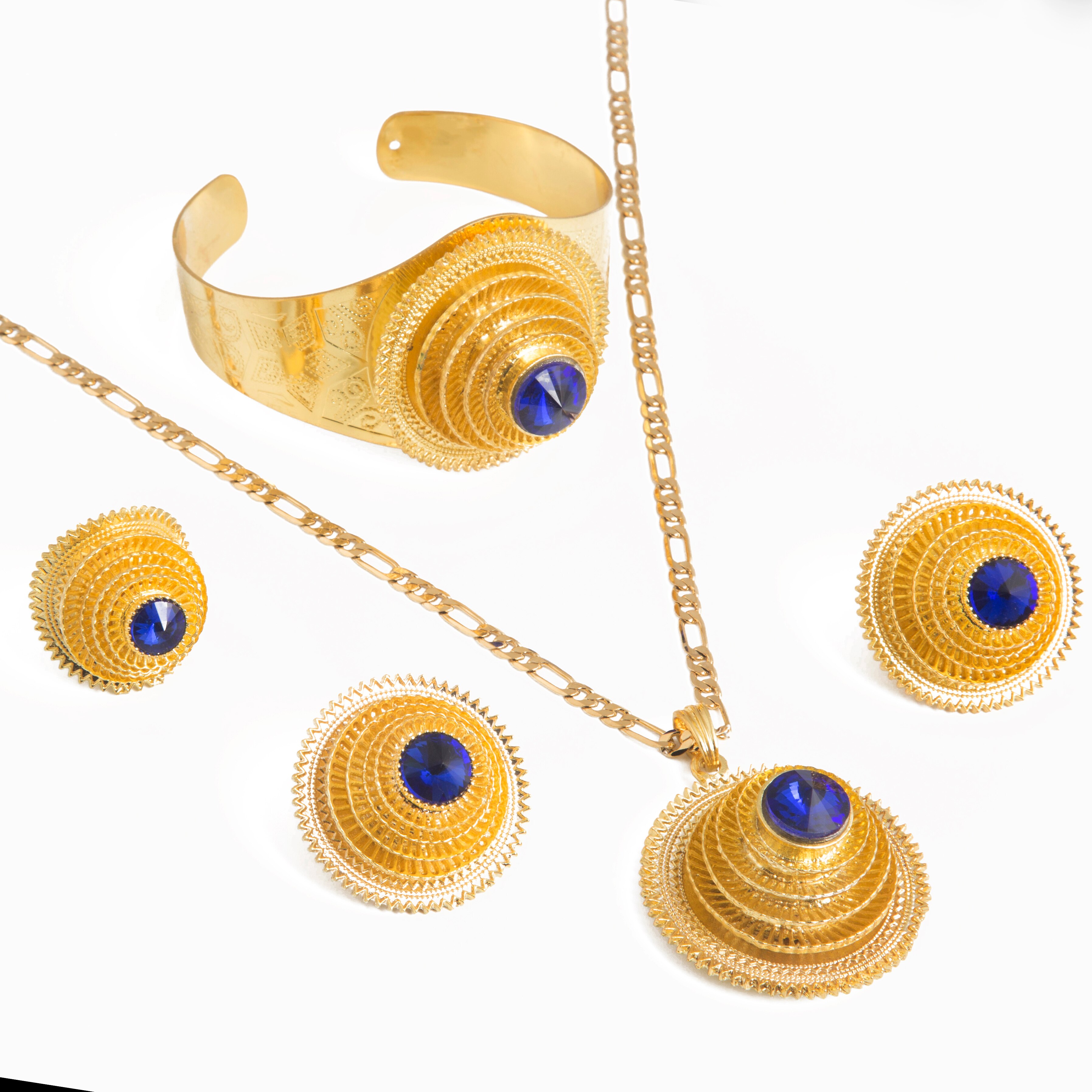 Set di gioielli da sposa con collana con ciondolo in zircone rosso oro etiopia per orecchini da donna con anelli etnici etiopi in Africa: blue stone