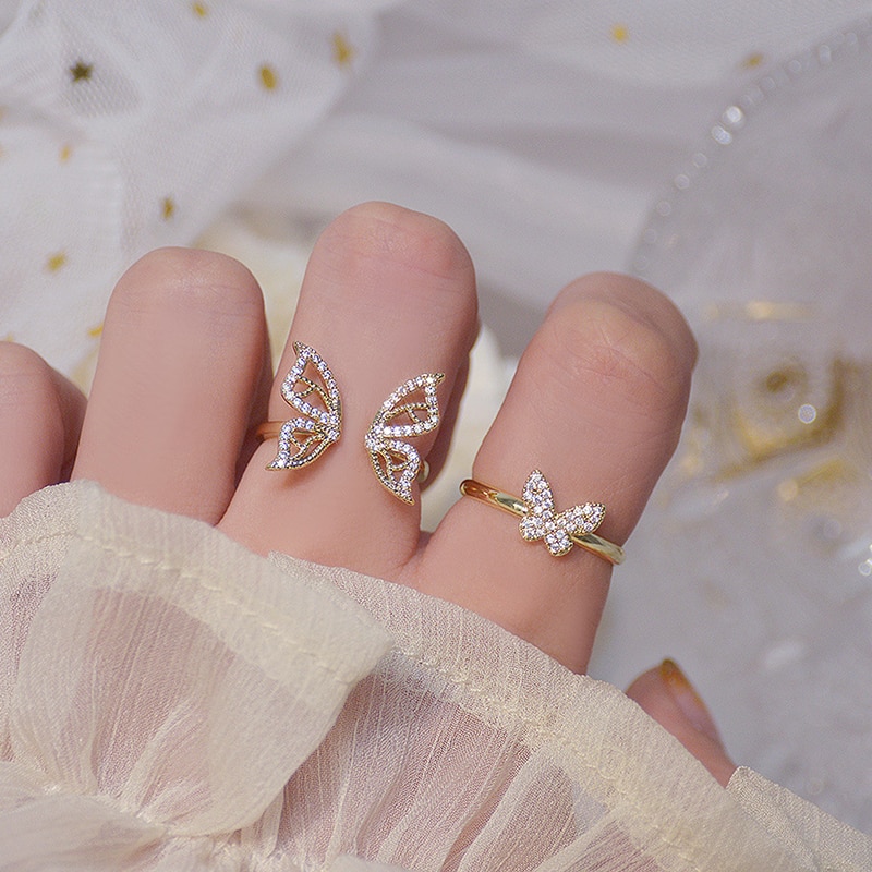 Koreaanse 14K Real Gold Hollow Vlinder Cz Ring Voor Vrouwen Verstelbare Open Pave Zirkoon Butterfly Ring Bruiloft Sieraden