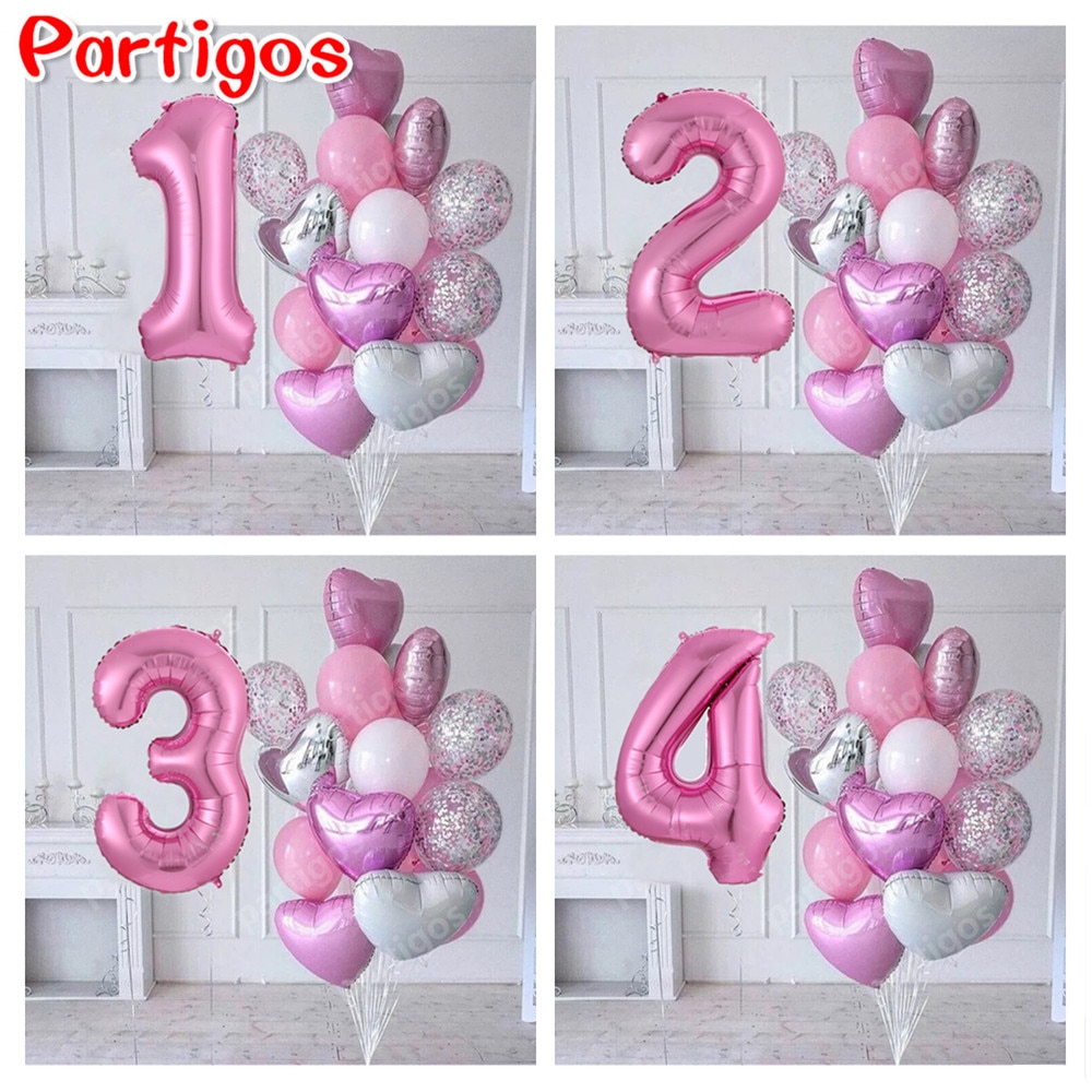 15pcs/lot girl Birthday Balloons with 30inch pink Number baloon 3/3rd Birthday Party Decor Kids anniversaire 9/1/3 years old