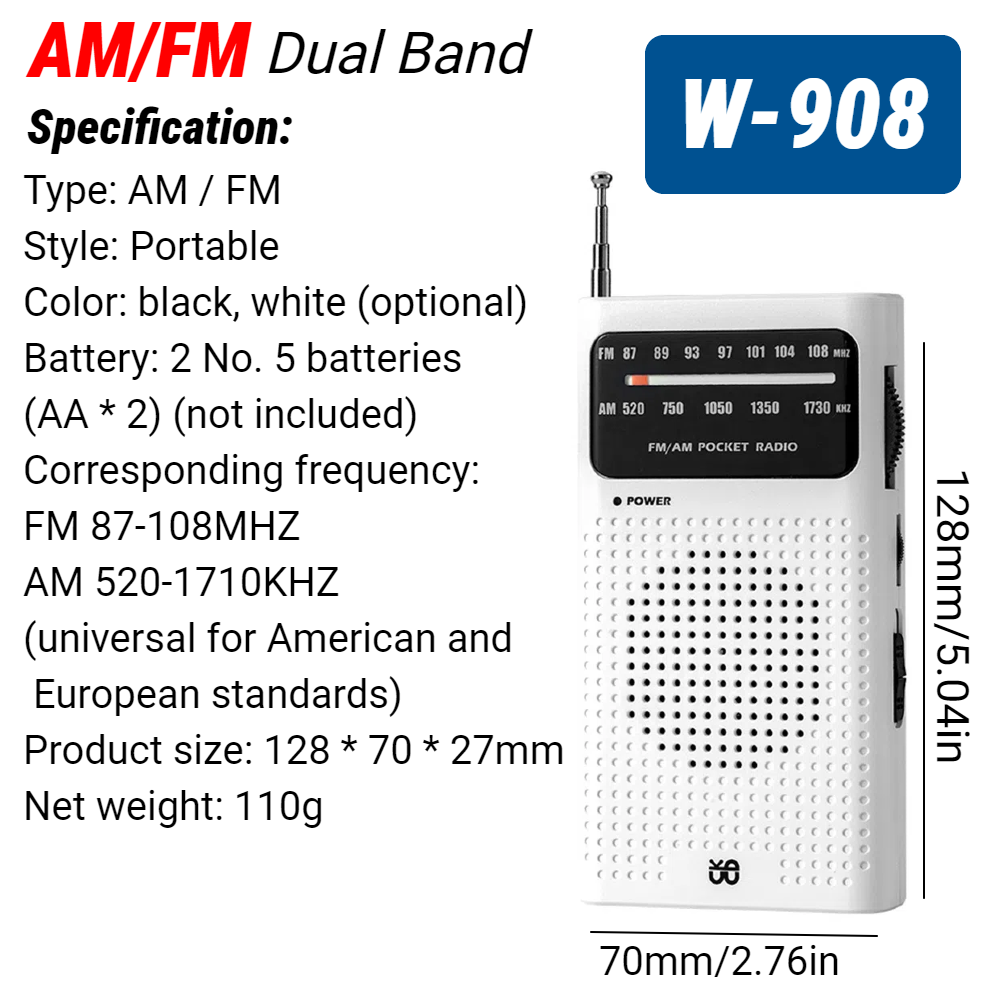 Mini Radio portátil con altavoz incorporado, receptor mundial Retro, Radio de bolsillo con batería, antena telescópica AM/FM para interior del hogar: Blanco