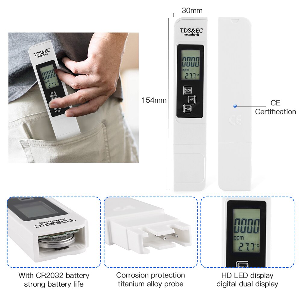 TDS/EC Meter Conductivity Pen Water Purity Horticulture Test Pen EC Meter ATC Temperature Meter TEMP PPM Tester