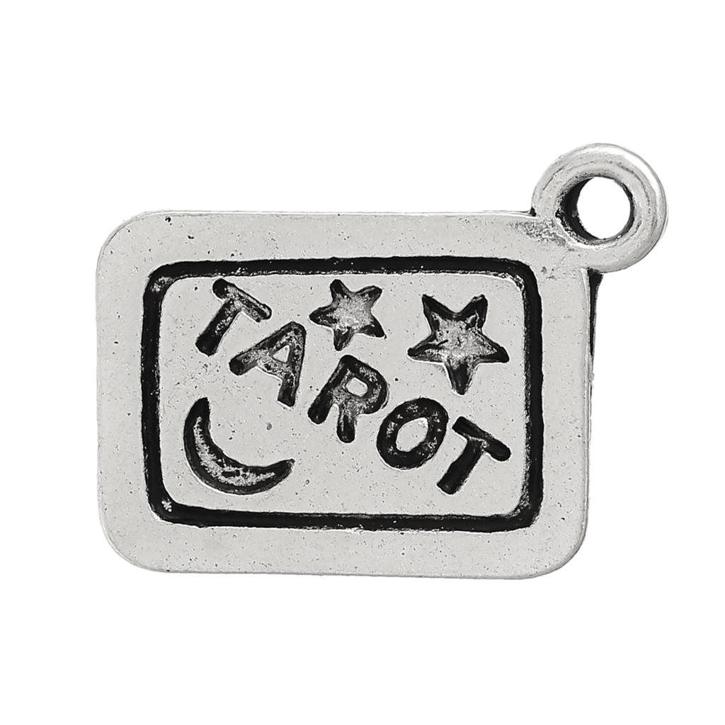 DoreenBeads Charme Anhänger Rechteck Silber Farbe Stern & Mond Nachricht "Tarot" Geschnitzt für Halskette Anhänger 18mm x 14mm,20 Stck