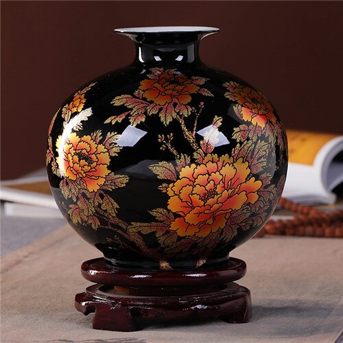 Jarrón de estilo chino, jarrón Jingdezhen de porcelana negra, florero de flor de esmalte para el hogar, floreros con rosas brillantes hechos a mano: Chocolate