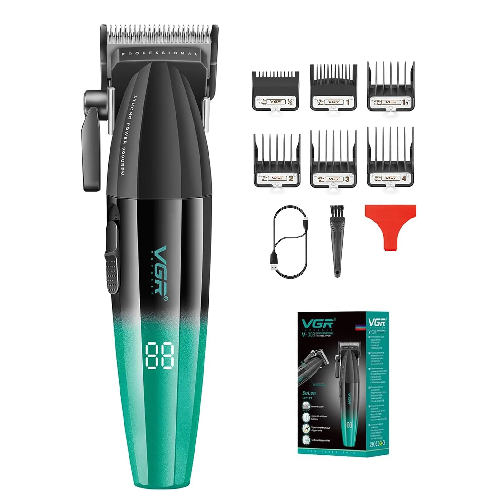 Vgr 003 906 profissional fade máquina de cortar cabelo sem fio aparadores para homens conjunto carga usb display led kit corte cabelo: Preto