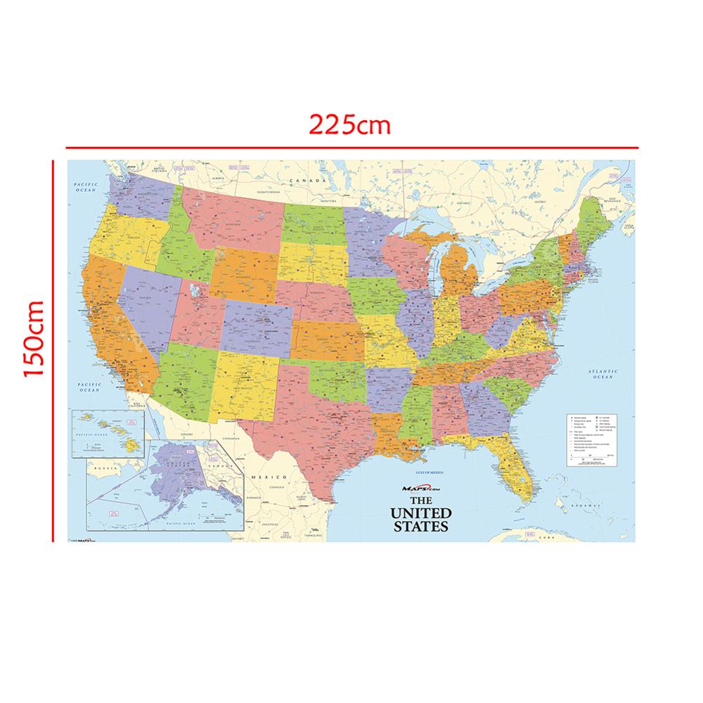 225*150 Cm The United State Map Non-woven Canvas Printing Detailed Map Large Poster Education Supplies Home Decoration