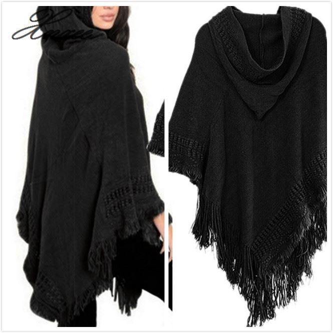 Xnxee Casual Frauen Pullover Mit Kapuze Poncho Und Kap Gestrickten Pullover Quaste Pullover Solide Pullover Frauen Mantel: Black
