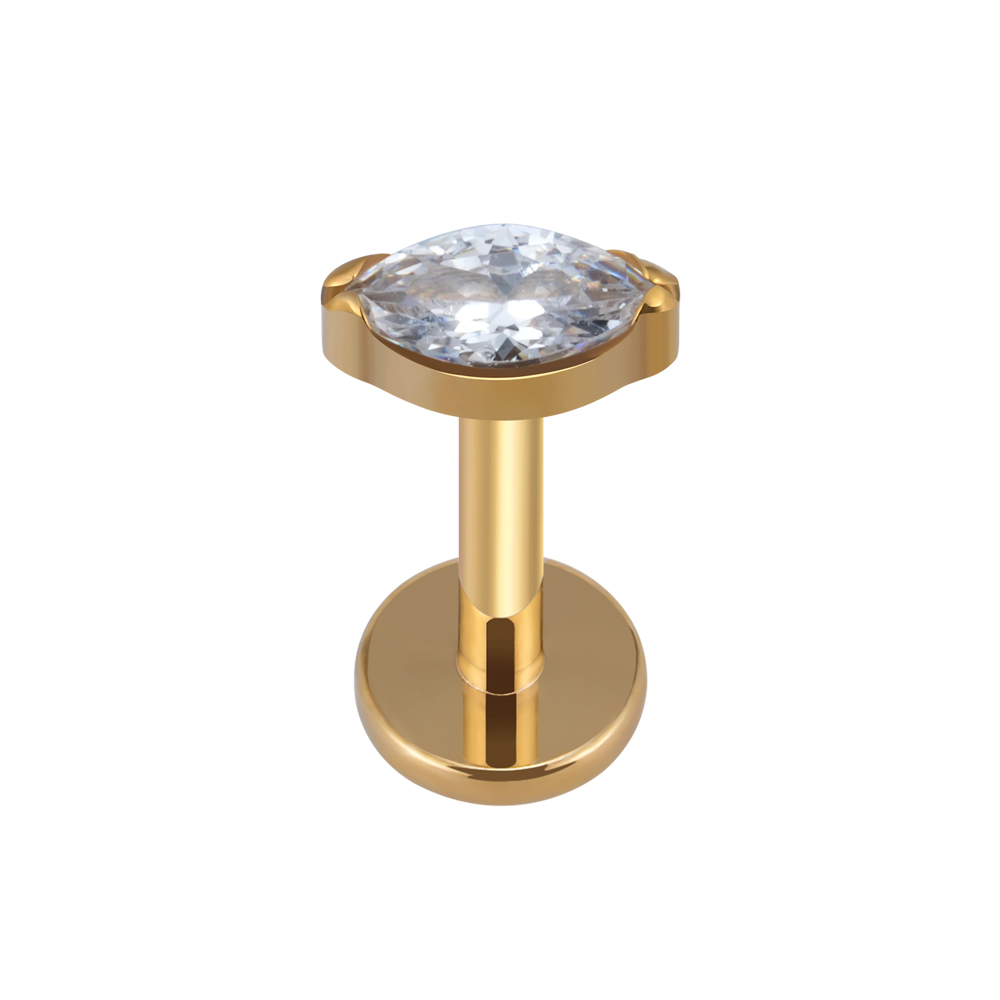 ASTM F136 Titane Unique Minuscule Marquise CZ Filetage Interne Dos Plat Labret Hélix Tragus Perçant Labret: Gold Clear CZ