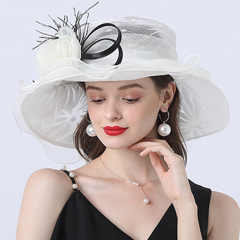 Women Summer Church Hat Organza Wide Brim Sun Hat Ladeis Fascinator Hat for Kentucky Derby Wedding Bridal Hat Dress Party Hat: White