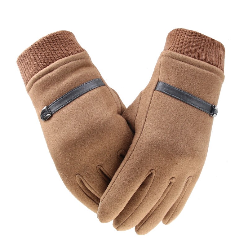 Ruskind mænd handsker berøringsskærm vinter varm vindtæt tykkere koral fleece guantes anti slip kørsel udendørs mandlige handsker læder: Brun