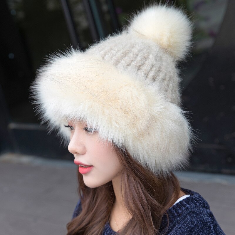 Stylish Women Fluffy Hat Knitted Beanies Winter Ski Hats Weaving Mongolia Cap for Outdoor ENA88: Beige