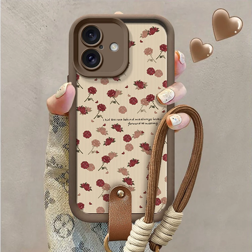 Luxus Rose Blume Gurt 16 Handyhüllen für iPhone 13 11 14 15 Plus 12 16 Profi Max X XR XS 15Profi MAX Hülle Silikon Schlüsselband Startseite