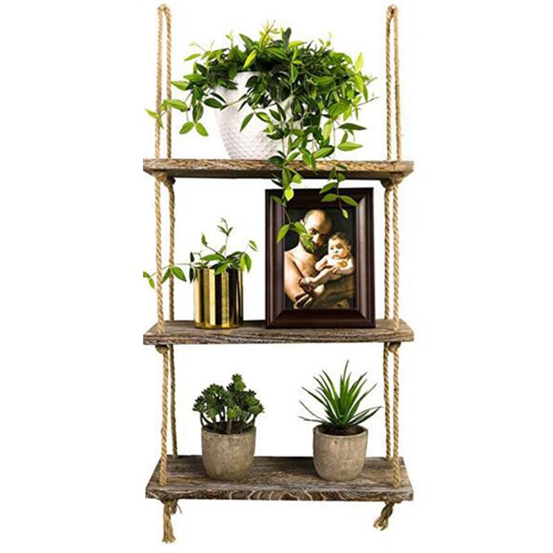 Decoración del hogar, colgante de madera rústica de 2 niveles, estante de cuerda, estantes flotantes de madera sólida hechos a mano, estante decorativo montado en la pared para el hogar