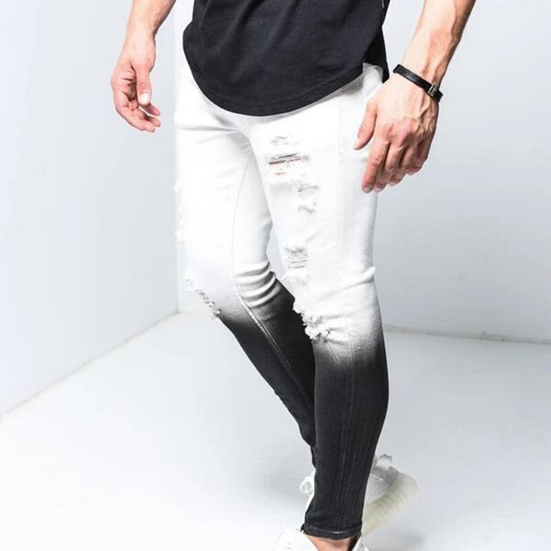 UEFEZO dégradé couleur déchiré jean hommes décontracté coupe étroite jean Slim Homme moteur motard Hip Hop fermeture éclair Denim pantalon pantalon