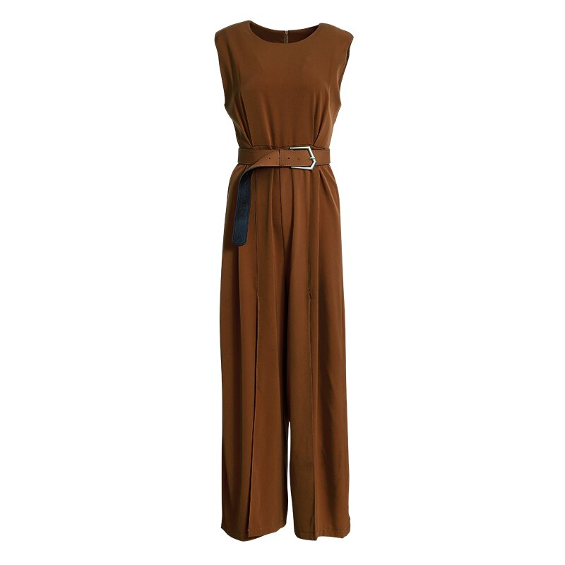 Sommer kvindelig løs ærmeløs jumpsuit med bælte kontor dame bukser med brede ben kvinder lange bukser overalls: S