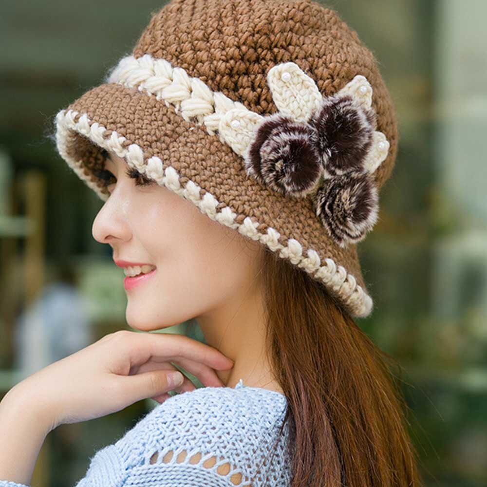 Women Lady Winter Warm Crochet Knitted Flowers Decorated Ears Hat Winter Knitted Thick Warm Cap Retro Hat#40: Khaki